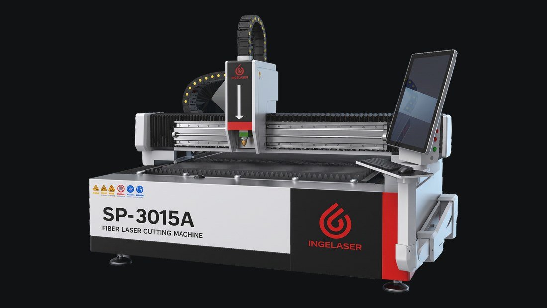 Plataforma de corte láser de fibra SP-3015A con cabezal, cadena portacables y consola de control